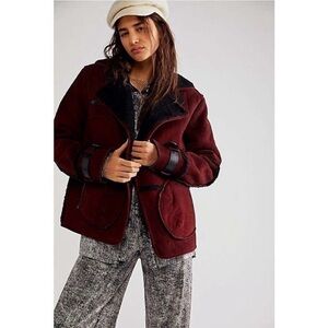 Free People We The Free Cassidy Cozy Oversized Jacket Burgundy Suede Leather